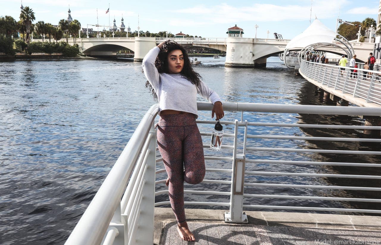 Indigo patterned tights styled for an athleisure look
