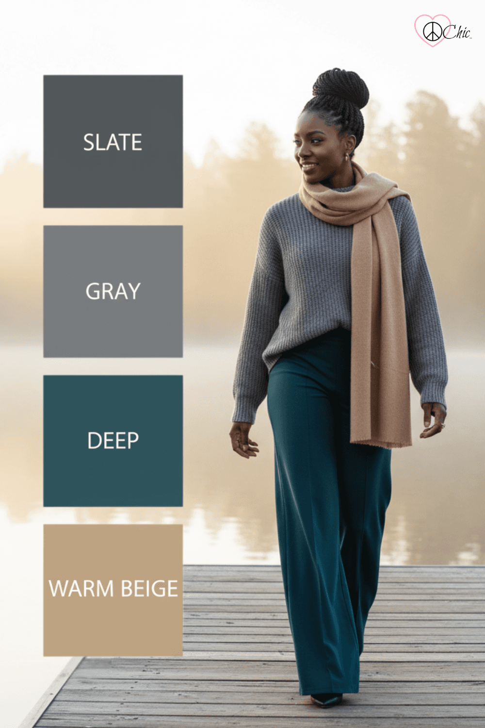 Lakeside Retreat palette in slate gray, deep teal, and warm beige
