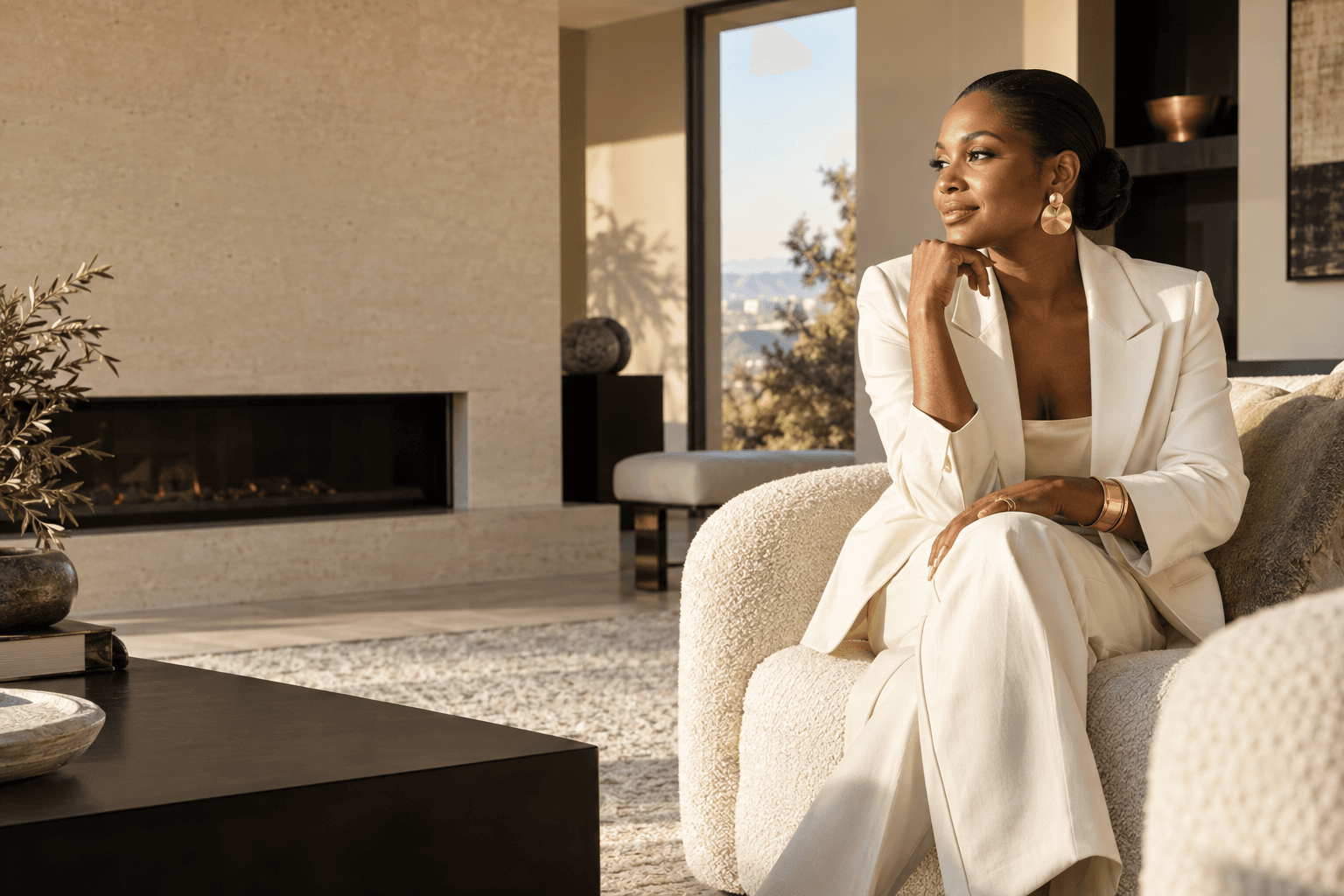 Elegant woman in an ivory suit seated in a sunlit contemporary living room