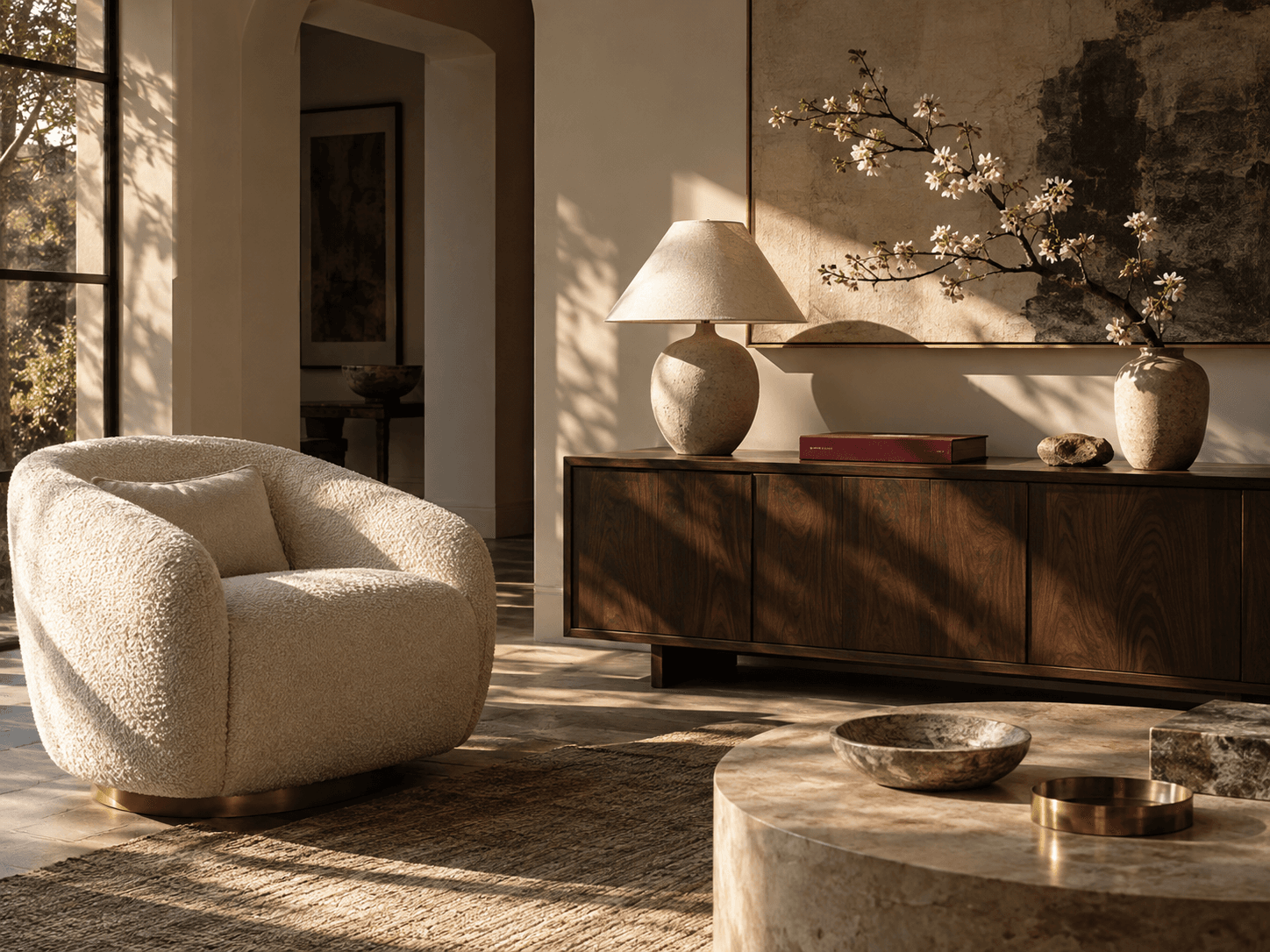 Collected luxury living room with cream boucle, walnut, stone, and warm sunlight